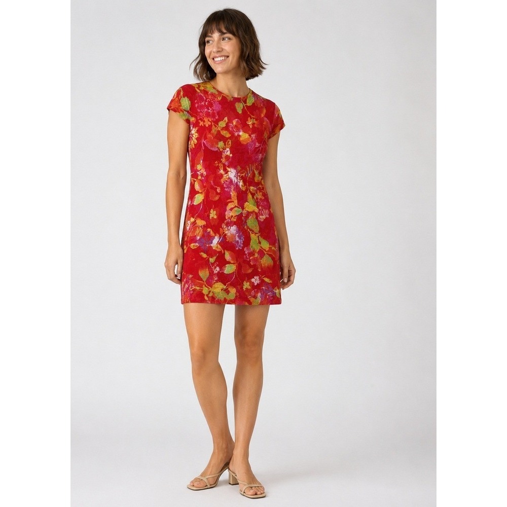 Y2K Ralph Lauren Blue Tag Dress Womens S Red Viscose Floral‎ Print Soft Vintage